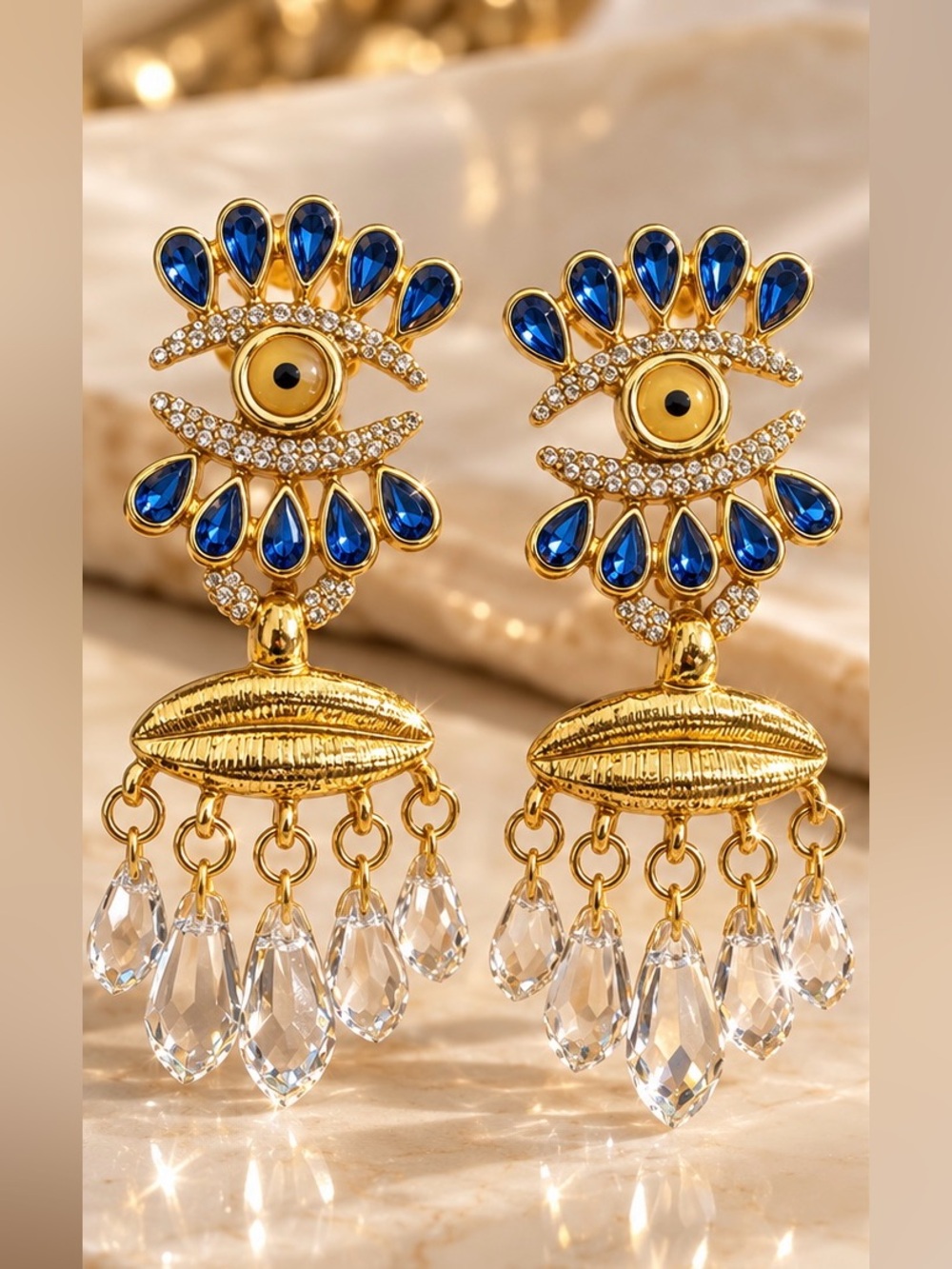 Blue Evil Eye Statement Drop Earrings Gold Tone Crystal Dangle